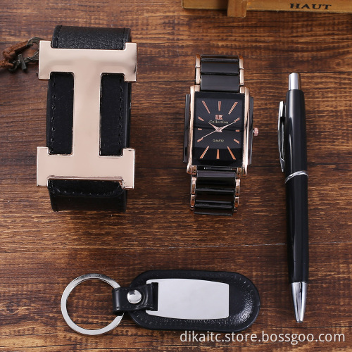 4pcs/Set Fashion Men's Luxury Leather Band Quartz Wristwatch